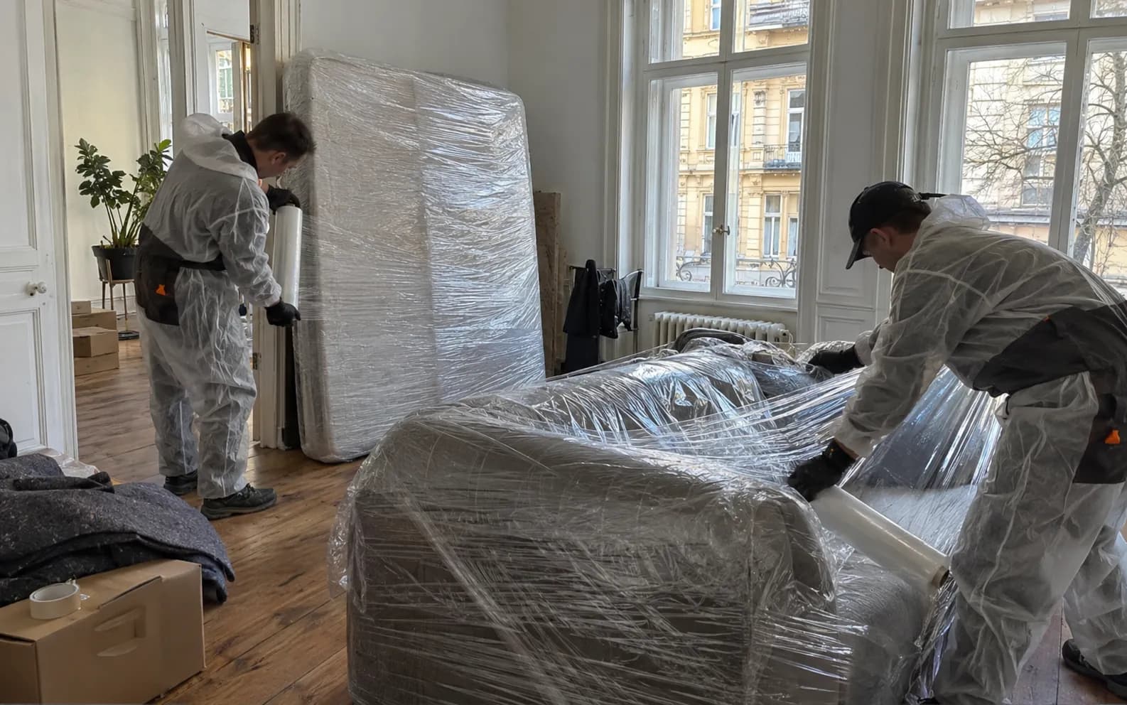 Mitarbeiter in Schutzkleidung verpacken eine Matratze in Folie