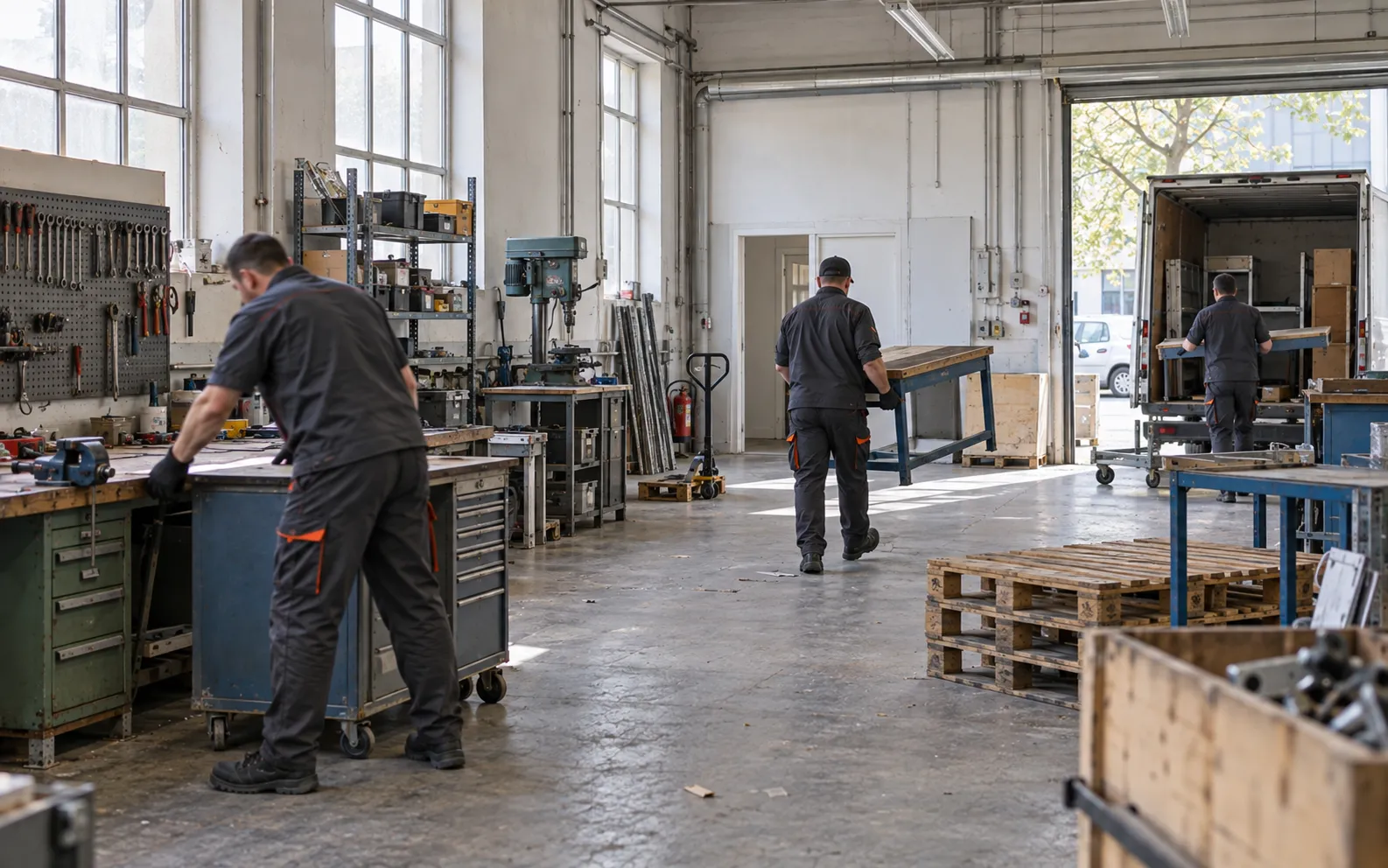 Mitarbeiter räumen eine kleine Werkstatt bei einer Betriebsauflösung