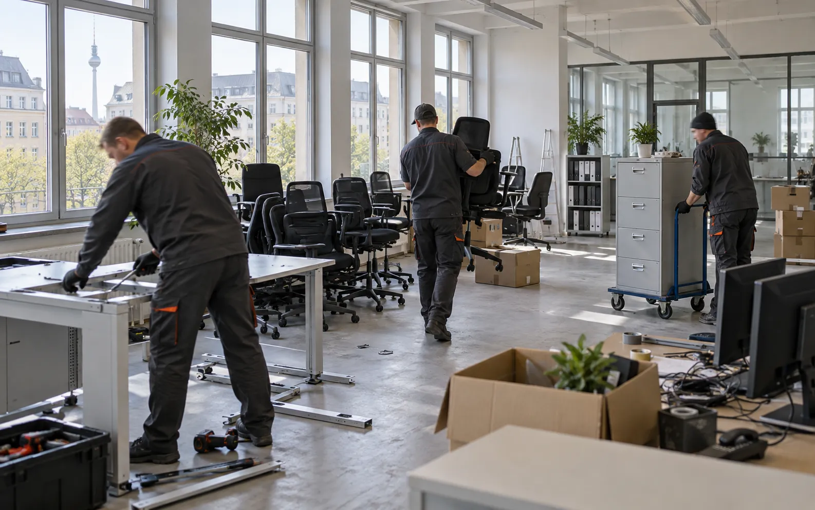 Mitarbeiter demontieren Schreibtische und tragen Bürostühle aus einem Büro