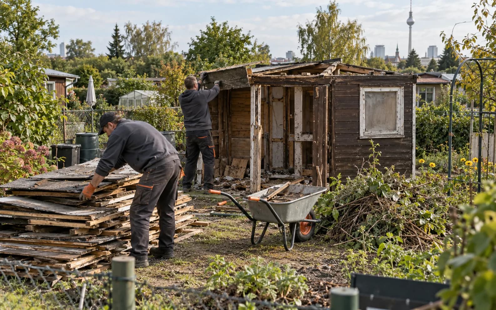 Mitarbeiter bauen eine alte Gartenlaube aus Holz ab