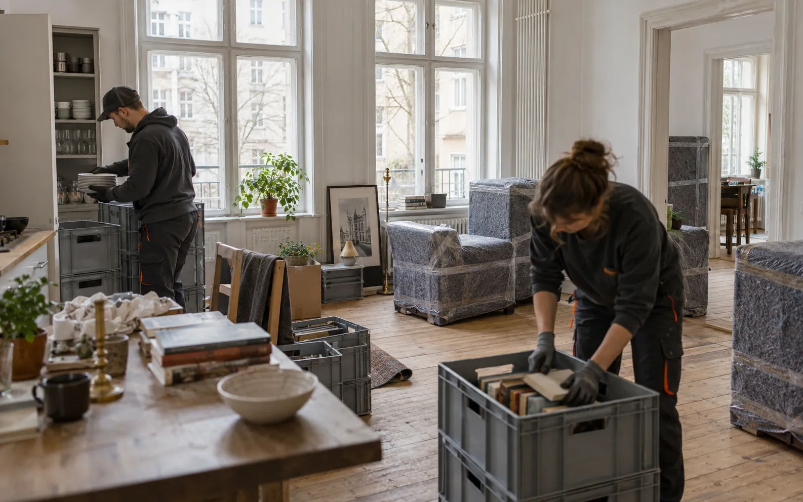 Mitarbeiter verpacken Hausrat in Kisten während einer Haushaltsauflösung